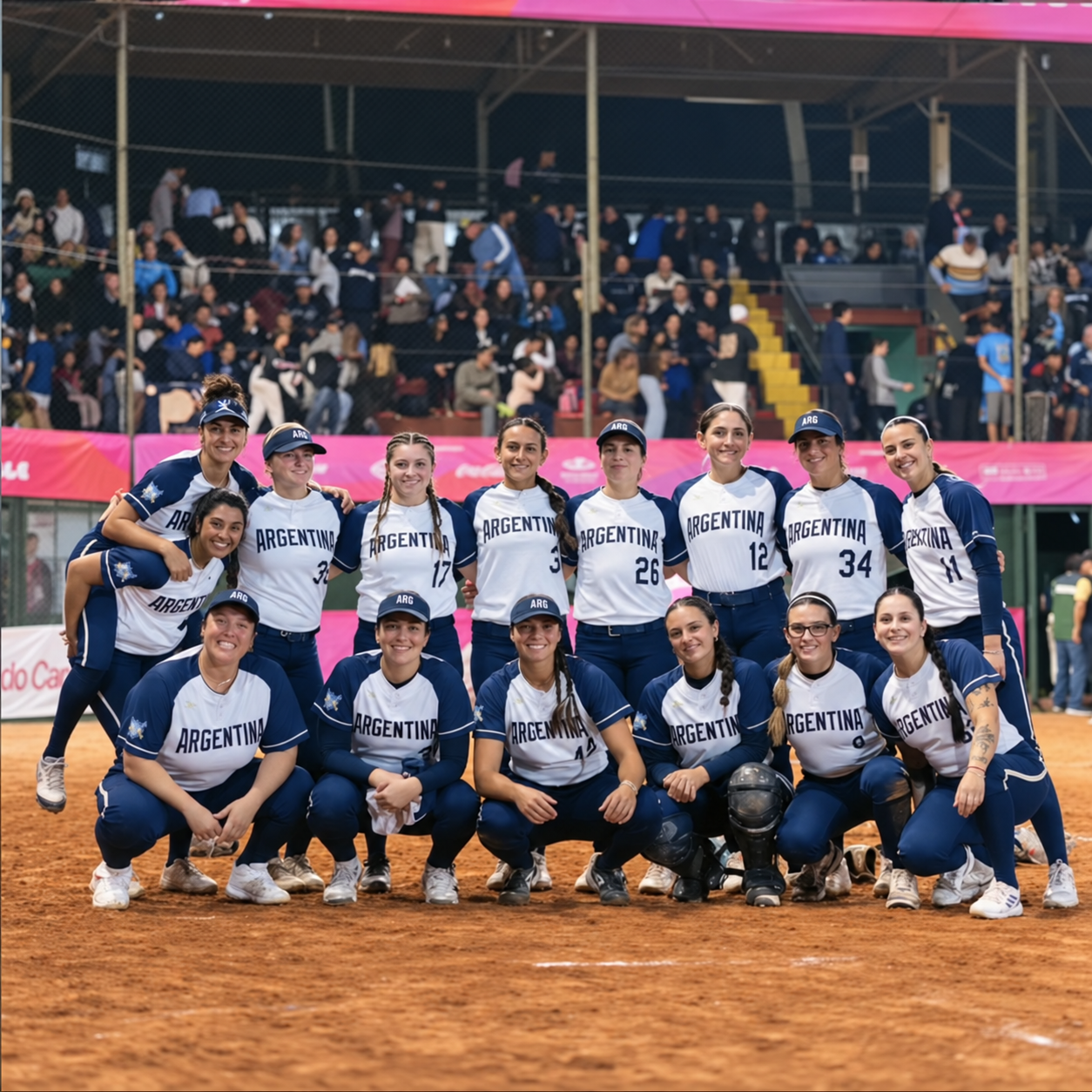 Jugadoras de la Selección Argentina de Sóftbol Femenino reunidas en el campo de juego